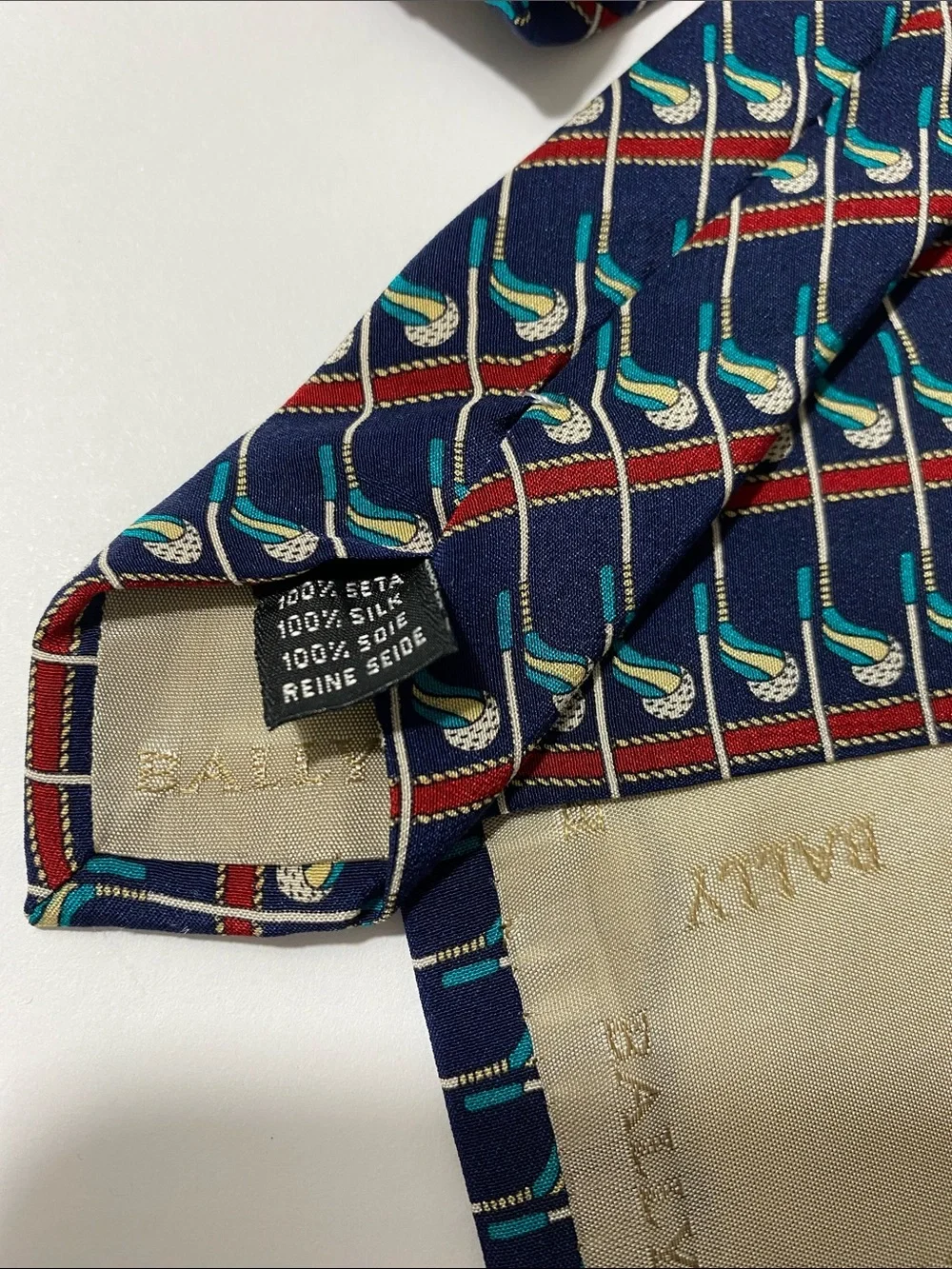 Vintage Bally of Switzerland 100% Silk Tie Navy Blue Red Green Geometric Pattern